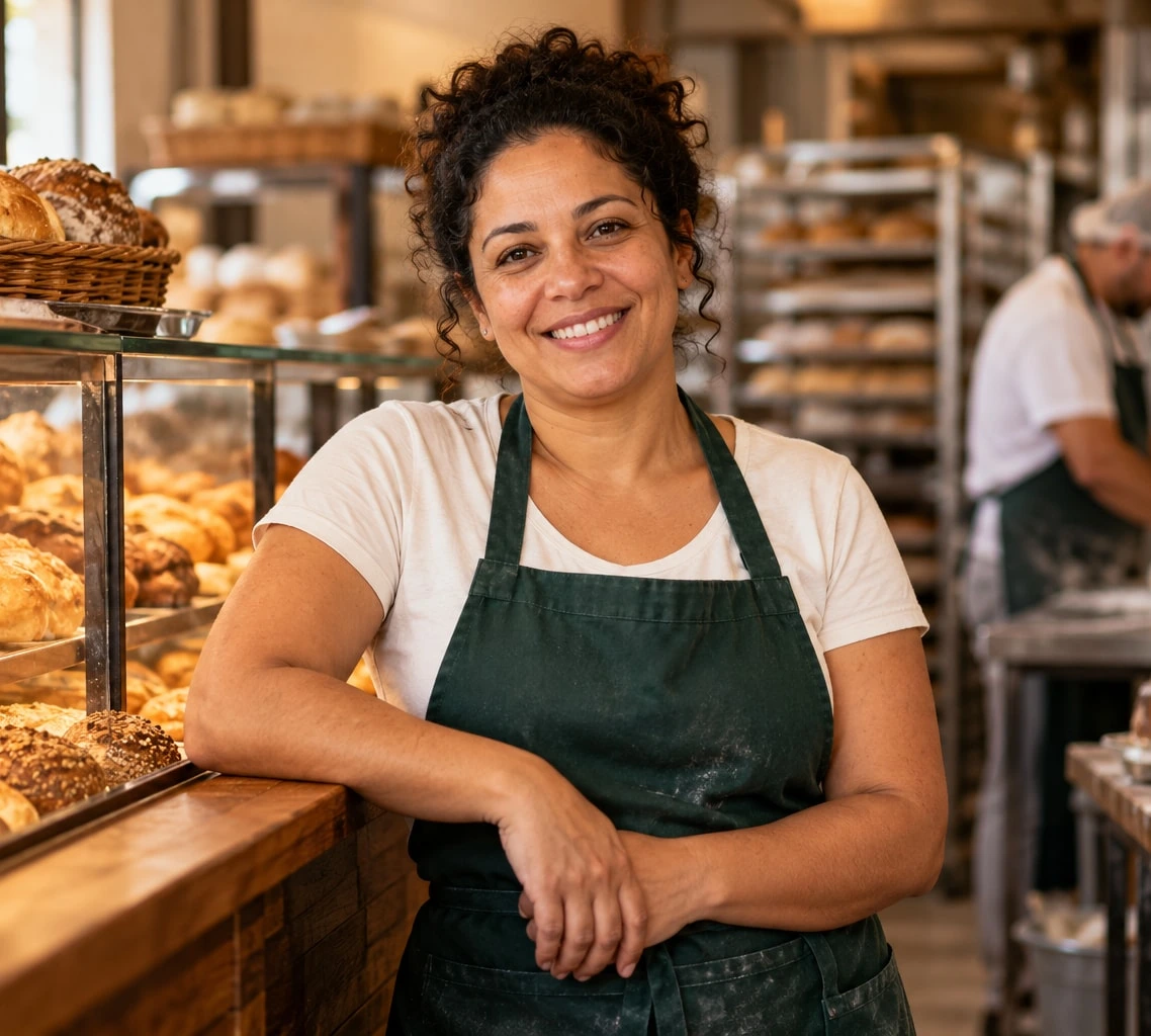 Atendente de padaria sorrindo, encostada no balcão de pães, com um padeiro ao fundo
